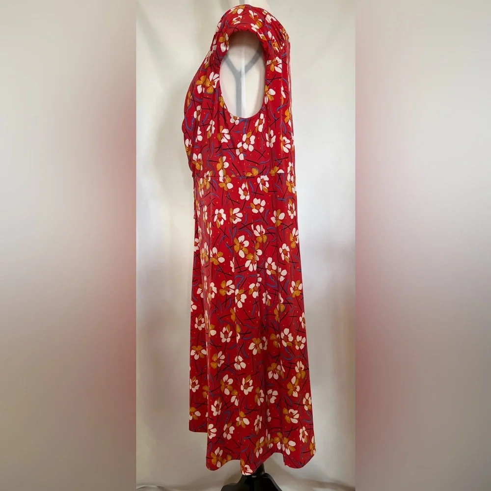 London Times Ruched Front Floral Cap Sleeve‎ Milkmaid Red Midi Dress Size 2X